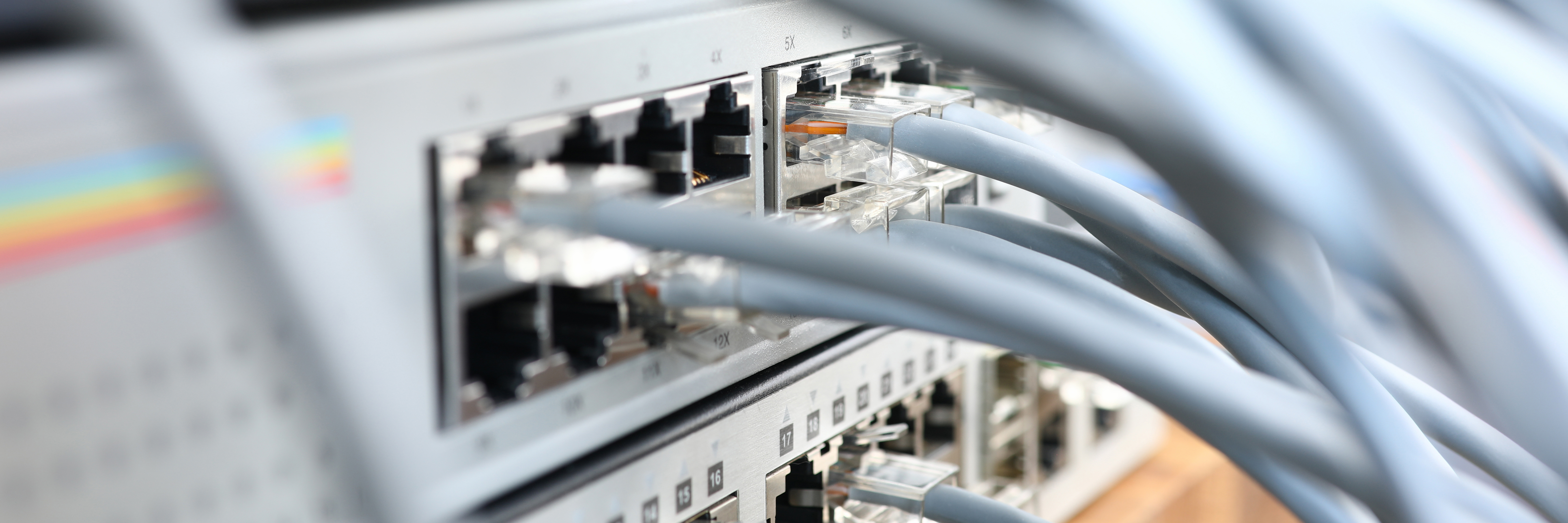 Network switch with cables connected for event setup