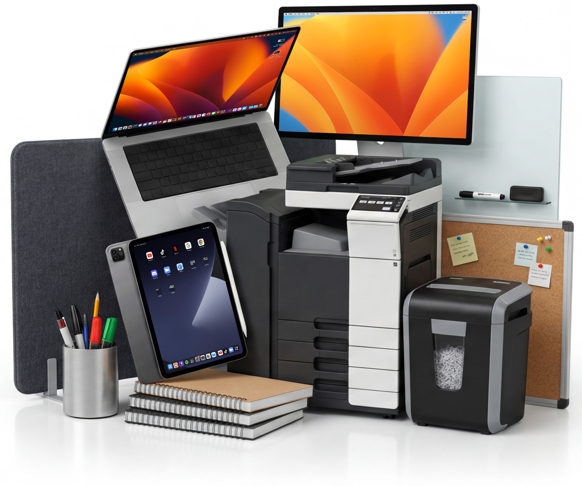 Bircherley Rentals equipment collage — laptops, tablets, photocopiers, shredders and display boards